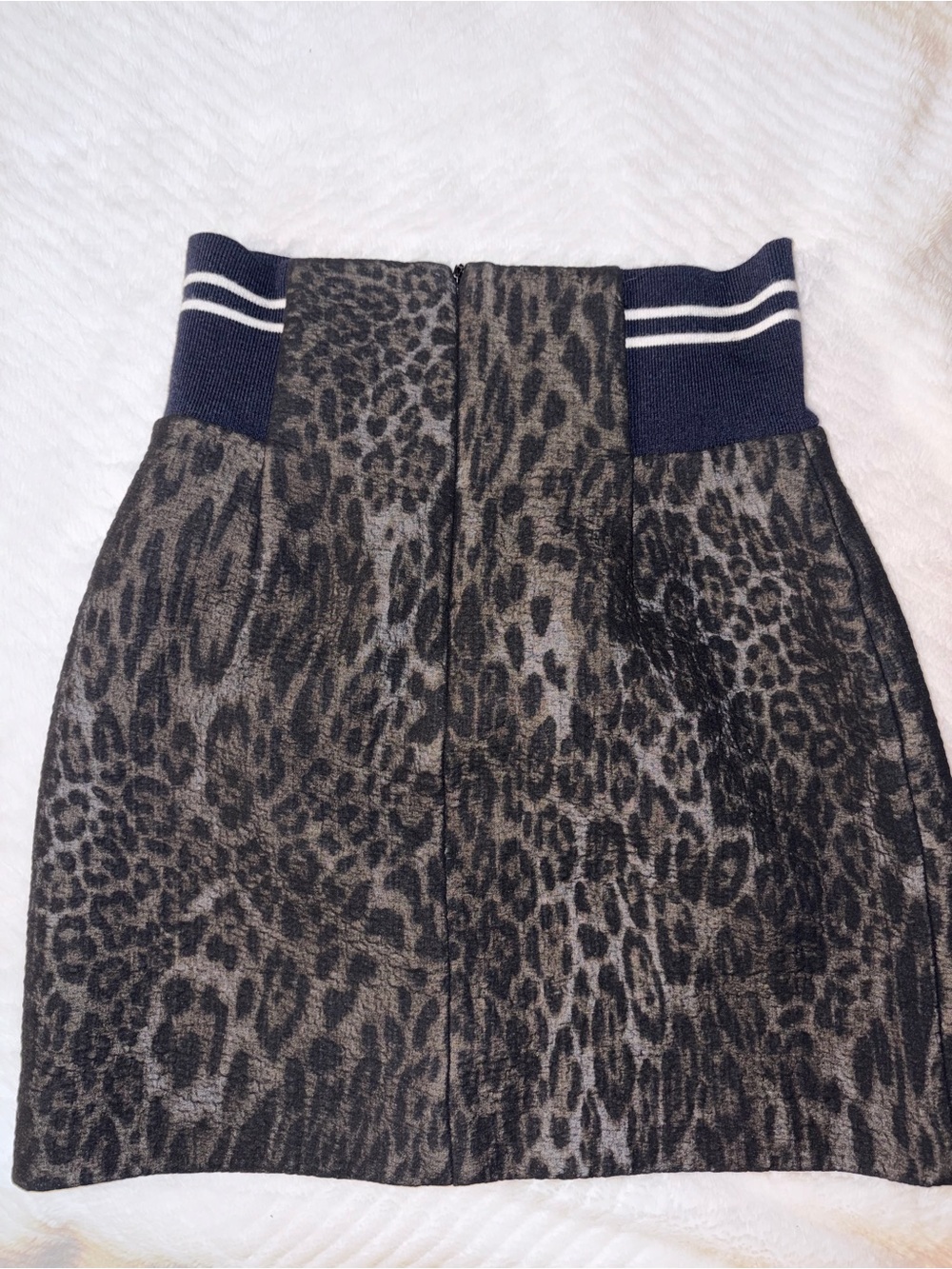 Sandro Leopard-Print Mini Skirt with Navy Knit Waistband